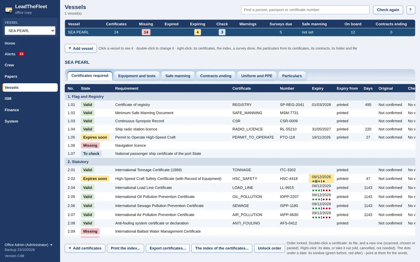 LeadTheFleet: the certificates required of a vessel, grouped by the company index, each with its state, expiry date and window